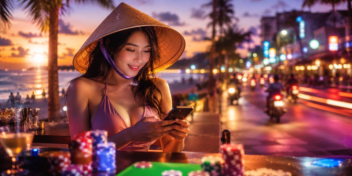 Người chơi card game đội nón lá tại resort Phú Quốc bên bờ biển